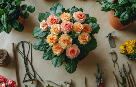 A beautiful potted rose plant showcases pink and yellow blooms alongside essential gardening tools, highlighting a cozy indoor planting moment during the day.の素材