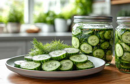 Crisp cucumbers rest on a speckled plate with jars of pickles in the background, all set in a bright kitchen filled with greenery and warm natural light.の素材