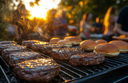 A lively barbecue takes place during sunset, featuring burgers and steaks cooking over an open flame, surrounded by people enjoying the warm evening outdoors.の素材