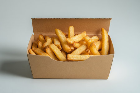 Freshly cooked, crispy golden fries are neatly arranged in a brown cardboard container, inviting for a snack. Perfect for sharing or enjoying solo at any time.の素材