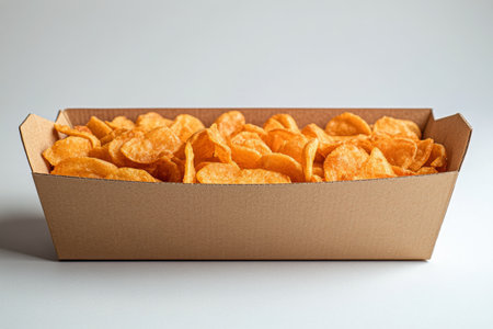 Freshly cooked, crispy golden fries are neatly arranged in a brown cardboard container, inviting for a snack. Perfect for sharing or enjoying solo at any time.の素材