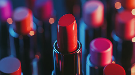 A striking variety of lipsticks in shades of pink, red, and coral are artistically arranged, highlighting their glossy textures and vibrant colors in a beauty-themed display.の素材
