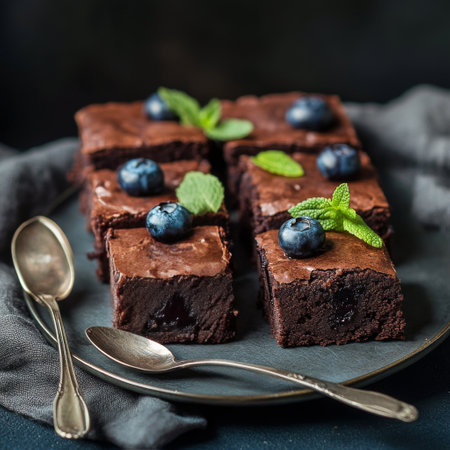 A tempting display of rich chocolate brownies garnished with blueberries and spearmint leaves is arranged on a dark plate, accompanied by elegant vintage spoons.の素材