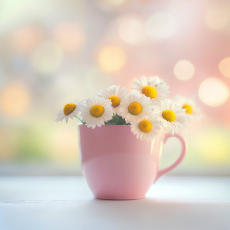 Delicate daisies with bright yellow centers overflow from a pastel pink mug adorned with white polka dots, creating a charming focal point against a dreamy bokeh backdrop.の素材