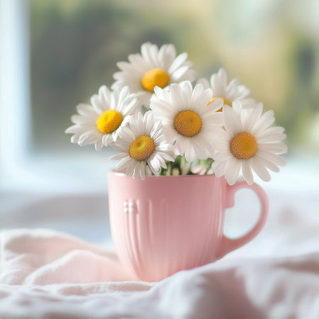 Delicate daisies with bright yellow centers overflow from a pastel pink mug adorned with white polka dots, creating a charming focal point against a dreamy bokeh backdrop.の素材