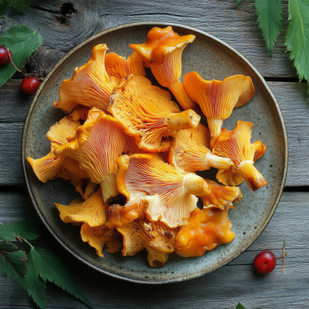 A collection of vibrant orange chanterelle mushrooms is artistically arranged on a rustic plate. The setting includes fresh greenery and berries, illuminated by soft natural light.の素材