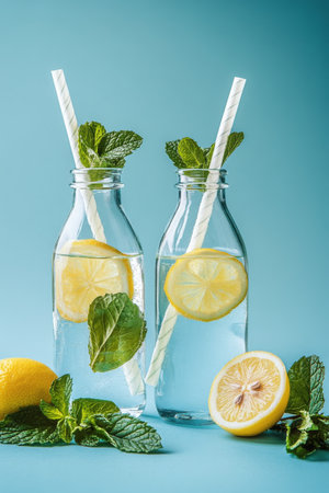 Two clear bottles filled with sparkling lemonade, garnished with fresh mint leaves and lemon slices, sit on a vibrant blue surface, creating a refreshing summer vibe.の素材