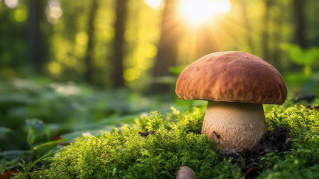 A vibrant mushroom stands tall on a bed of green moss in a serene forest. Soft sunlight filters through the trees, illuminating the natural beauty and tranquility of the woodland environment.の素材