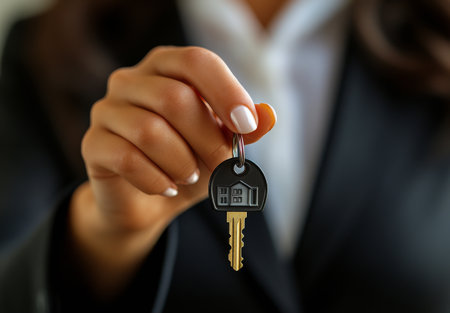 A person presents a small wooden house model alongside a key, signifying the excitement of becoming a homeowner. This moment reflects achievement and new opportunities in real estate.の素材
