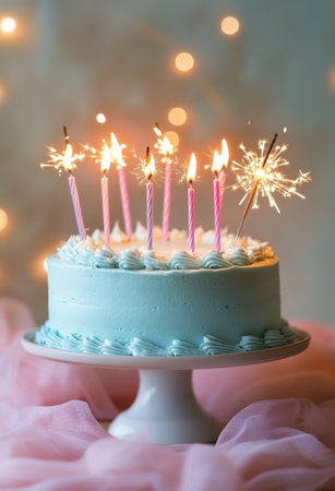 A beautifully decorated cake featuring pastel blue frosting and lit candles stands on a white pedestal. Colorful sprinkles adorn the cake, surrounded by festive decorations and a cheerful atmosphere.の素材