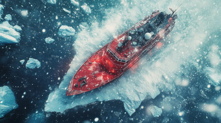 A robust icebreaker ship pushes through thick ice and snow, creating rippling waves as it travels among massive icebergs in a frigid landscape. The scene captures the might of winter.の素材
