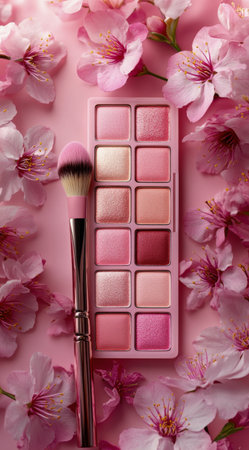 A soft pink makeup palette lies among cherry blossoms, showcasing a variety of pink shades. A fluffy brush rests next to the palette on a pastel background, enhancing the beauty arrangement.の素材