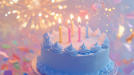 A beautiful birthday cake adorned with blue frosting and five glowing candles stands out amidst a colorful celebration with confetti and sparkling lights in the background.の素材