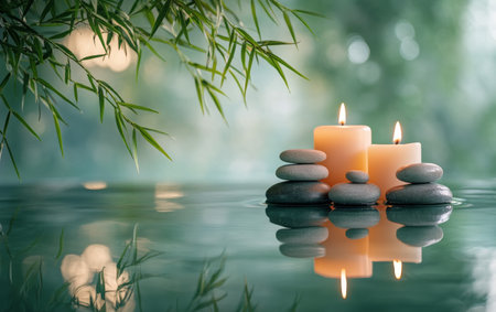 Smooth stones are stacked beside lit candles on a reflective water surface. The background is filled with vibrant green foliage, creating a soothing and calming atmosphere.の素材
