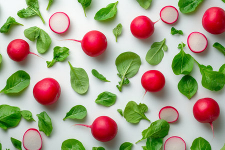 Vibrant red radishes and fresh green spinach leaves are beautifully arranged on a light surface, showing their colors and sparkling ideas for healthy meals and culinary creativity.の素材