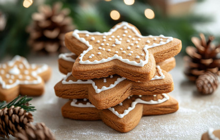 A stack of beautifully decorated star-shaped holiday cookies sits on a wooden table, surrounded by pine cones and evergreen branches, evoking a warm winter celebration.の素材