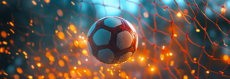 A soccer ball is captured in mid-air as it approaches the net, the colorful bokeh background emphasizes the action and energy of the game during late evening time.の素材