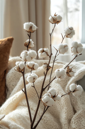 Soft cotton blooms are delicately placed on a textured knitted blanket, creating a warm and comforting ambiance in a serene indoor environment.の素材
