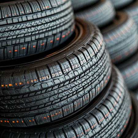 A large stack of new black tires is arranged neatly in a warehouse. The different thread patterns are visible, indicating various uses such as for cars, trucks, or performance vehicles.の素材