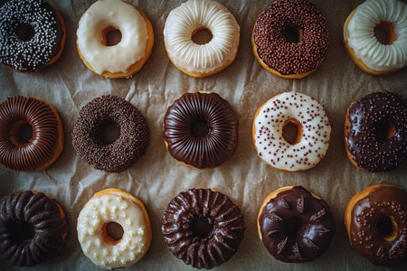 A variety of freshly made donuts is displayed on parchment paper, featuring different glazes and toppings. The warm, inviting colors highlight their appealing textures and designs.の素材