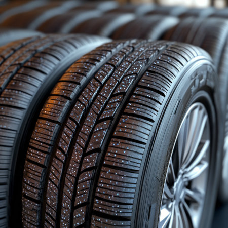 A large stack of new black tires is arranged neatly in a warehouse. The different thread patterns are visible, indicating various uses such as for cars, trucks, or performance vehicles.の素材