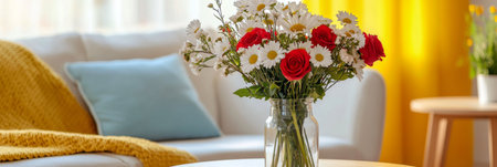 A vibrant bouquet of red roses and white daisies sits in a clear glass vase on a wooden table, enhancing the inviting atmosphere of a bright living room adorned with yellow curtains.の素材