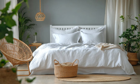 Stylish bedroom with a white bed dressed in soft linens, decorative pillows, a rattan chair, and a touch of greenery enhancing the tranquil atmosphere. Natural light brightens the space.の素材
