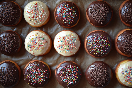 A variety of freshly made donuts is displayed on parchment paper, featuring different glazes and toppings. The warm, inviting colors highlight their appealing textures and designs.の素材
