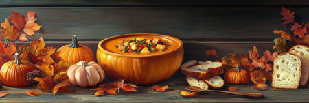 A vibrant bowl of warm autumn soup is placed on a rustic wooden table. Fresh bread slices are nearby, along with decorative pumpkins and colorful autumn leaves, creating a cozy seasonal atmosphere.の素材