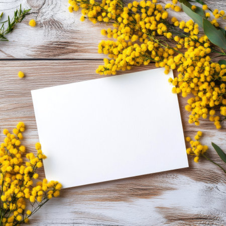 Bright yellow flowers are artfully placed around a blank white square on soft teal fabric. This arrangement creates a visually appealing setup for creative projects or invitations.の素材