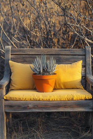 A charming wooden bench features two bright yellow pillows, with a terracotta pot of lush lavender resting between them. The backdrop consists of soft foliage under golden light.の素材