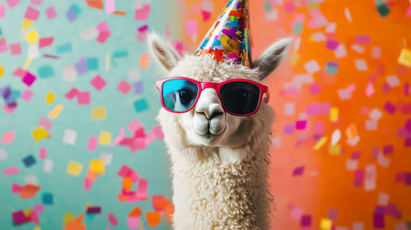 A playful alpaca adorned with a sparkling party hat and oversized glasses poses joyfully in front of a colorful confetti-filled backdrop, creating a fun and festive atmosphere.の素材