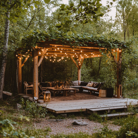 This relaxing outdoor lounge features comfortable seating and warm string lights. It is nestled among tall trees and natural stones, creating a serene atmosphere for unwinding.の素材