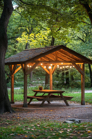 A wooden shelter stands in a peaceful forest, featuring a picnic table and a warm light hanging overhead, surrounded by lush green trees and sunlight filtering through the leaves.の素材
