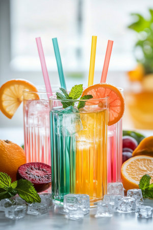 Refreshing fruit juices in vibrant colors are presented in tall glasses filled with ice and garnished with mint leaves, surrounded by fresh fruits in a sunny kitchen environment.の素材