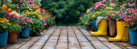 A beautifully arranged pathway surrounded by colorful flower pots showcases various blooms in a garden. Bright yellow rubber boots sit at the edge, suggesting an inviting atmosphere for gardening.の素材