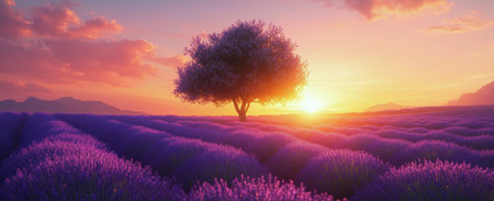 A lavender field stretches across the landscape as the sun sets behind distant mountains, casting warm hues across the sky. A solitary tree stands gracefully at the edge of the field.の素材