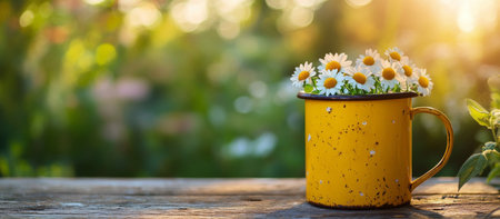 A bright yellow cup brimming with fresh daisies rests on a rustic wooden table amid a lush garden. The soft sunlight highlights the flowers, creating a serene atmosphere.の素材