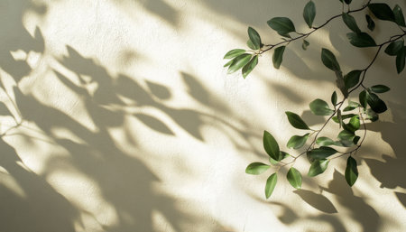 Soft sunlight filters through leaves, creating elegant shadow patterns on a smooth wall. A lush green plant adds a touch of nature, enhancing the calm setting.の素材