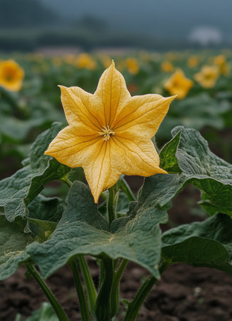 Vibrant yellow flower surrounded by lush green leaves displays stunning beauty in a garden setting. Dewdrops enhance the freshness of the morning atmosphere and add to the charm.の素材