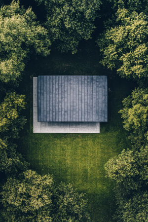 A contemporary building rests in a serene green landscape, surrounded by dense trees. The contrast between the sleek roof and natural foliage highlights a peaceful coexistence.の素材