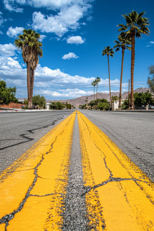 A clear road with bold yellow stripes stretches ahead, flanked by tall palm trees under a vibrant blue sky. Distant mountains add depth to the warm landscape.の素材