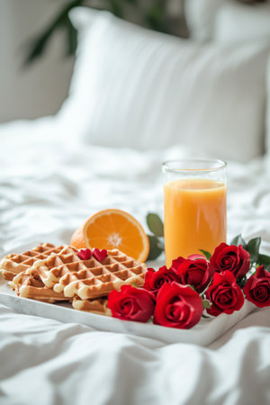 A tray holds delicious waffles and two glasses of fresh juice, surrounded by scattered rose petals. The setting boasts a cozy bed with soft white bedding, creating a romantic atmosphere.の素材