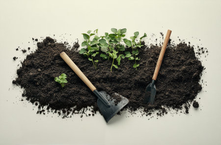 Various gardening tools are arranged alongside black pots filled with soil. Small green plants are visible, indicating preparation for planting in a neat, organized manner.の素材