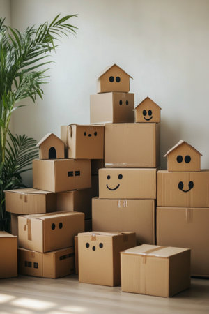 Stacked cardboard boxes decorated with smiles and house shapes sit in a bright, inviting living room filled with greenery, showcasing a playful atmosphere and cozy vibes.の素材