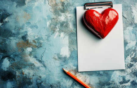 A vibrant red heart shape placed next to an empty clipboard. A wooden pencil rests beside the clipboard, suggesting a setting for creative writing or design projects.の素材