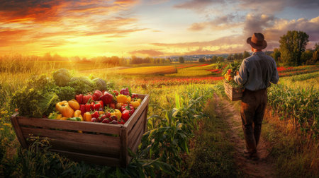 A wooden crate filled with fresh vegetables sits in a vast field during sunset. The colorful produce contrasts beautifully with the golden and orange hues of the sky and landscape.の素材