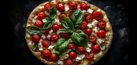 A circular pizza features vibrant cherry tomatoes, dollops of white cheese, and fresh green basil leaves, displayed on a dark wooden surface, highlighting its artisanal appeal.の素材