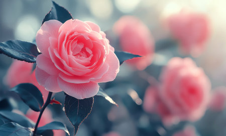 Pink roses flourish in a tranquil garden environment at golden hour, highlighting their soft petals and inviting fragrance amidst lush green leaves in warm sunlight.の素材