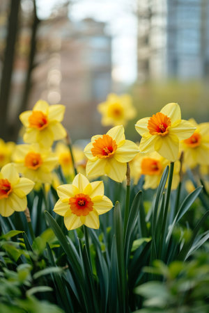 Vibrant yellow daffodils are thriving in a lush garden, basking in the sunlight. The flowers display intricate details and a lively atmosphere typical of spring, inviting admiration from all.の素材